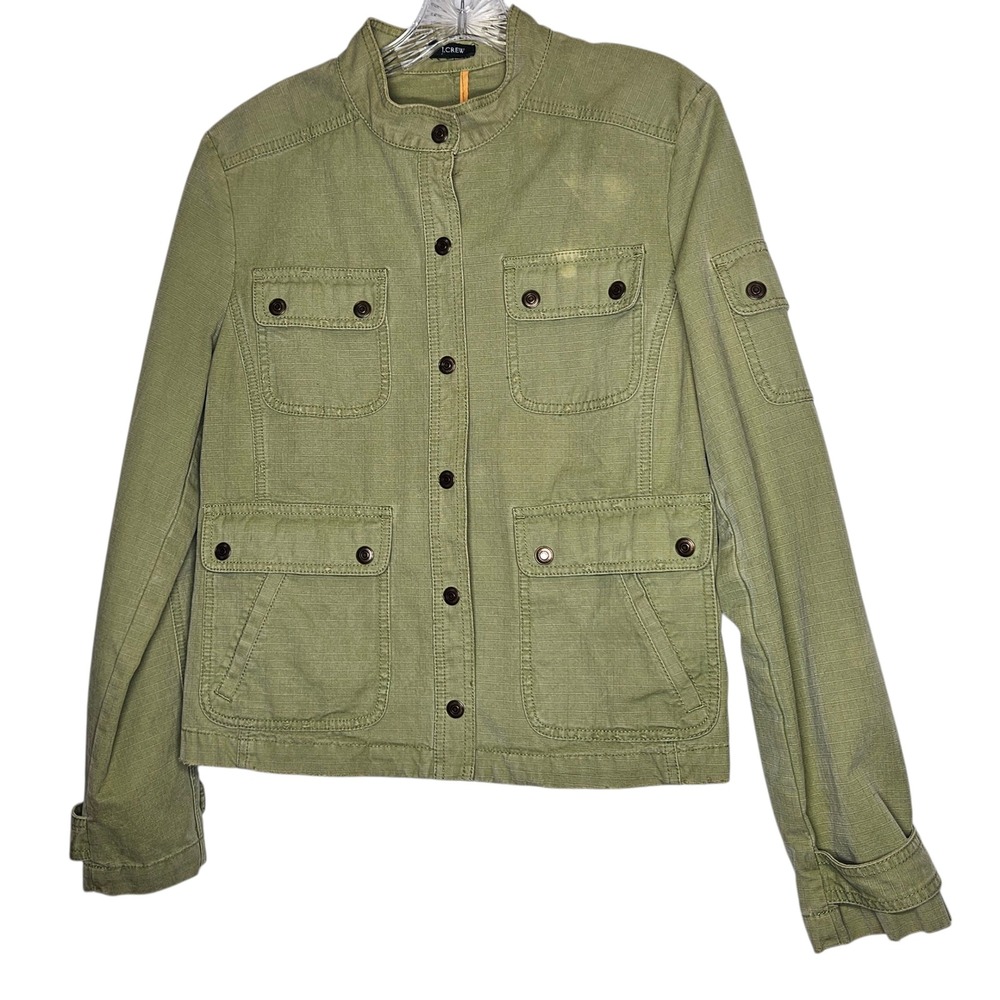 J.Crew Womens Olive Green Four‎ Pocket Button Front Distressed Military Jacket M
